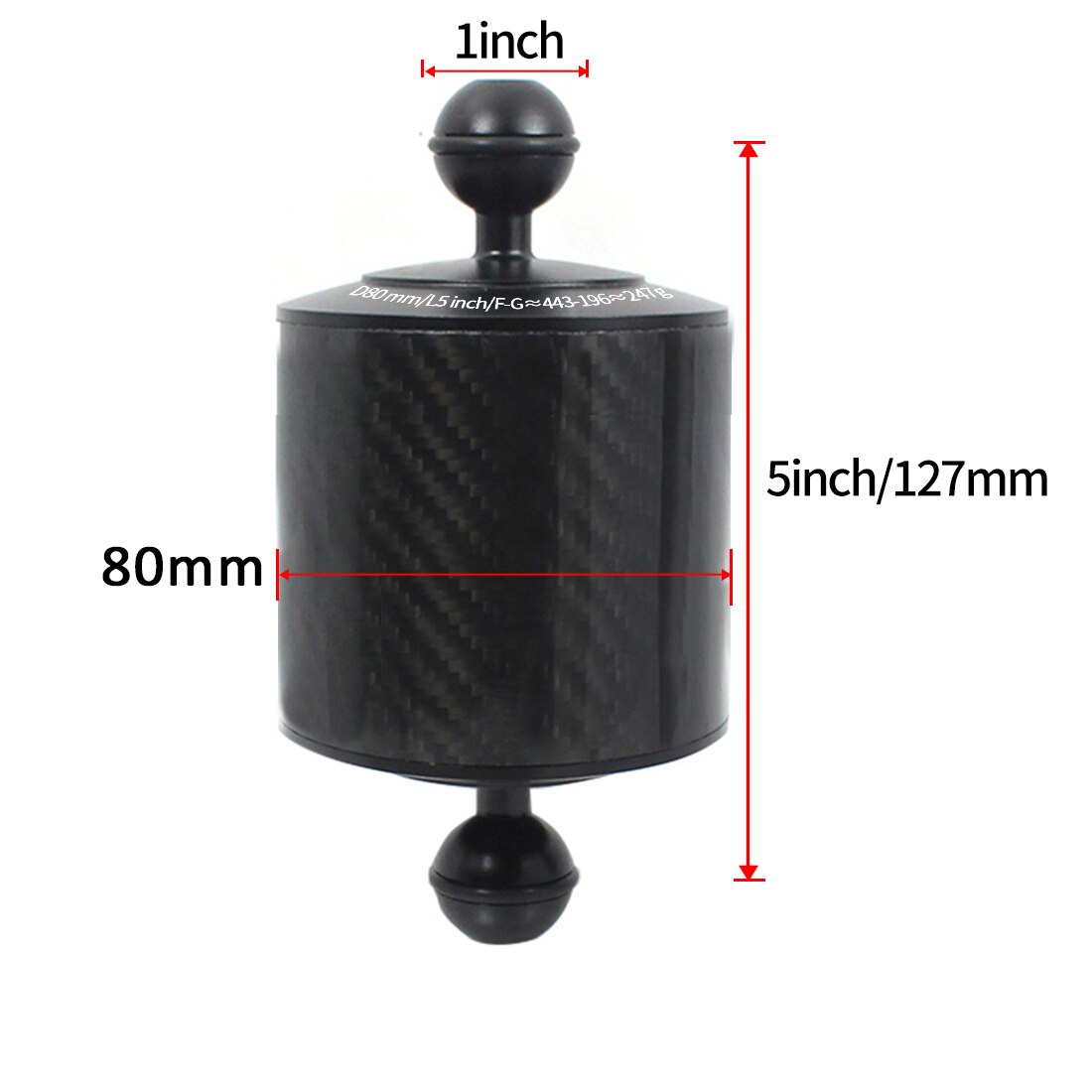 Bandeja de extensión de fibra de carbono para Gopro yi EKEN y DJI OSMO Action, flotador de brazo acuático de flotabilidad, cámara SLR de doble bola para buceo: 5Inch D80mm Black