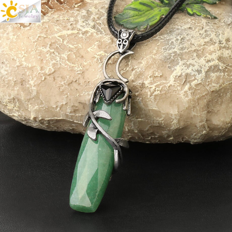 CSJA Antique Silver Color Pendant Necklaces Natural Crystal Stones Leaves Winding Faceted Rectangle Long Pendants Women Men G587