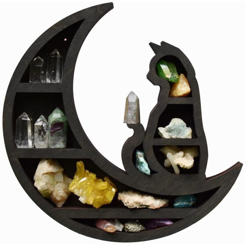 Cat On The Moon Crystal Wooden Shelf Cat Crystal Essential Oil Display Wall Organizer Living Room Rack Home Room Storage Decor: D