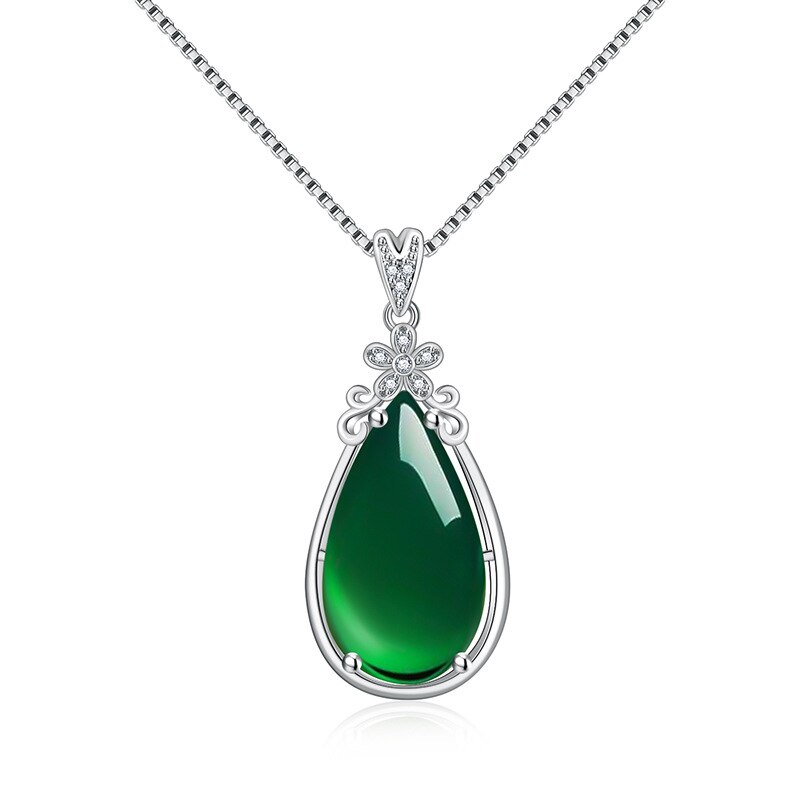 Natural Green Jade Chalcedony Water Pendant 925 Silver Necklace Chinese Carved Charm Jewelry Amulet for Women