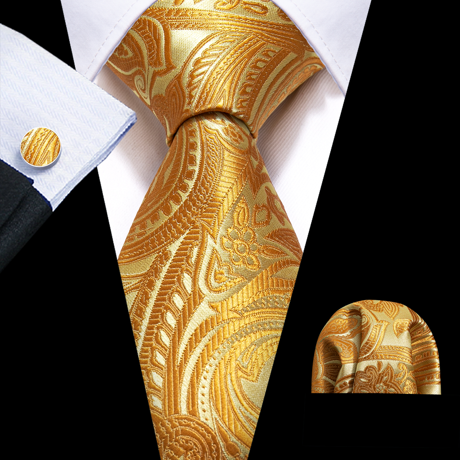 Classic Gold Silk Men Necktie Stripe Handkerchief Cufflinks Set Wedding Male Ties Business Party Barry.Wang