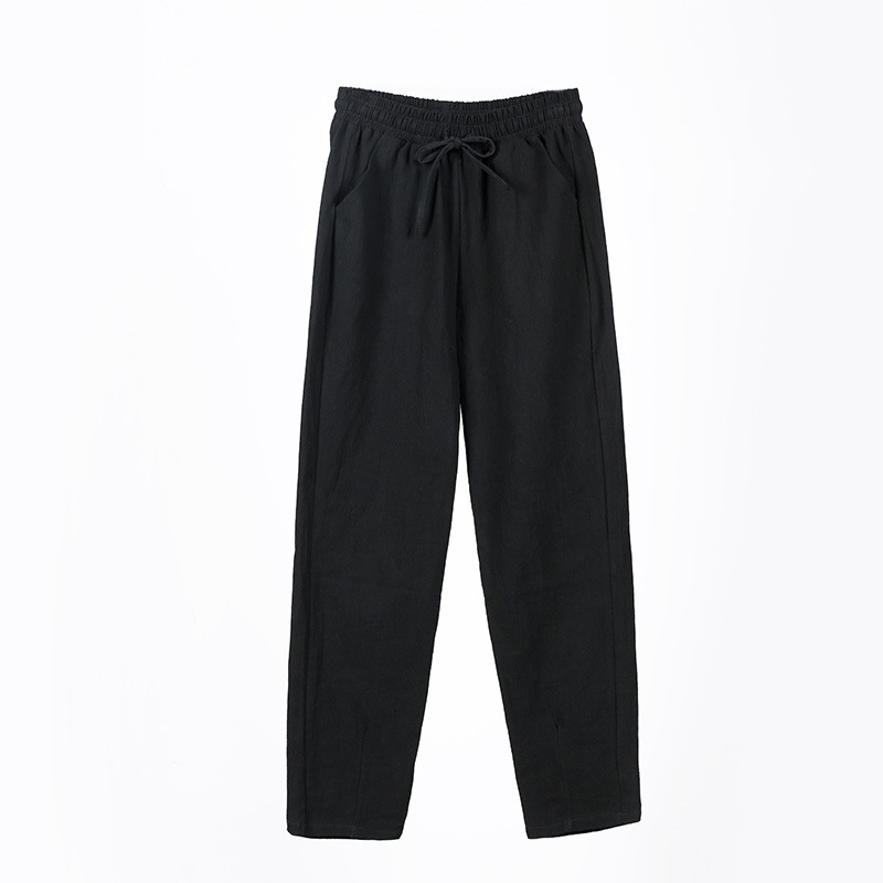 Pantalones bombachos de algodón para mujer, pantalón informal, holgado, liso, hasta el tobillo, coreano, con bolsillo elástico, para verano y otoño: S / Negro