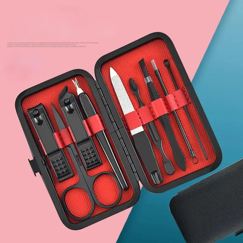 Set van 9 nagelknippers met leren etui, trimmer, pedicureverzorgingsset, manicureset, nagelverzorgingsproducten