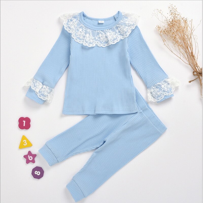 Spring Baby Pajamas Sets Knitting Waffle Lace Collar Long Sleeves Cotton Girl Wear with Pants Baby Clothes E006: blue