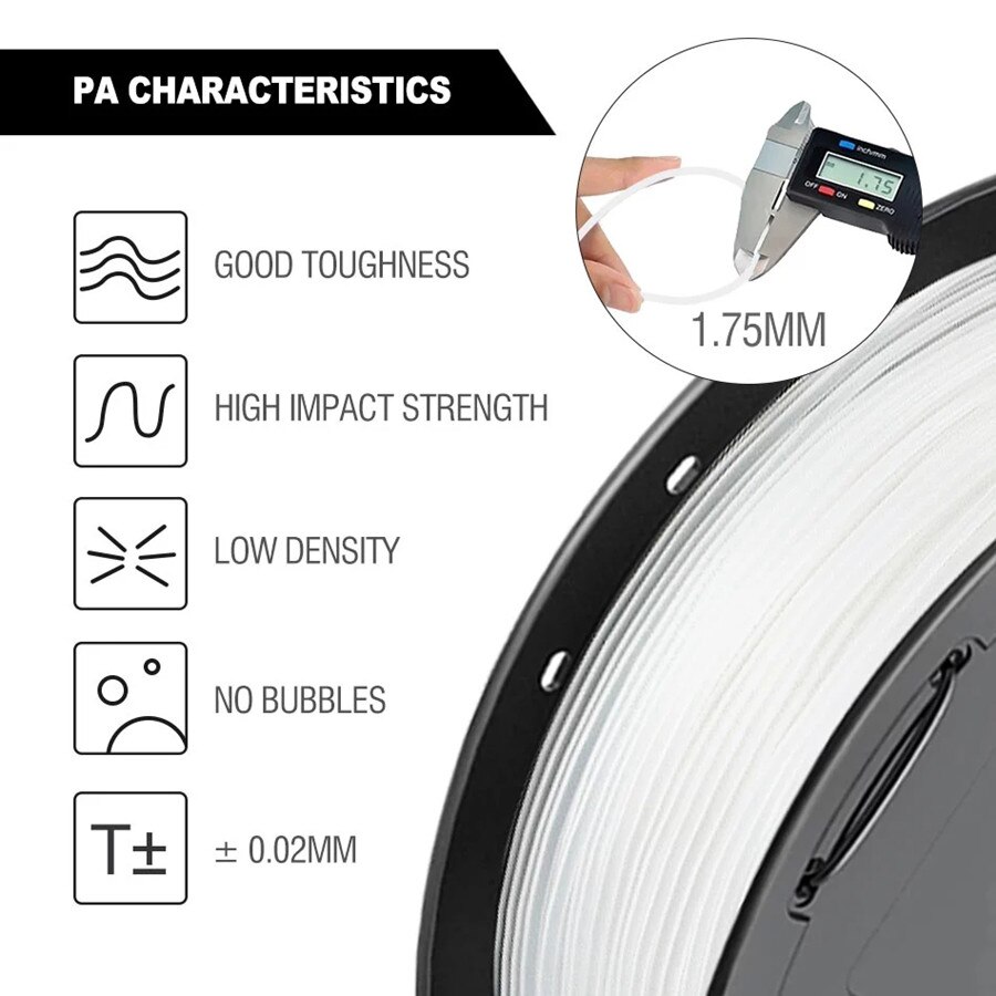 1.75mm 1KG/500g/250g PA Nylon 3D Printer Filament High Tensile Strength Nylon Filament Good Flexibility 3D Printing Material