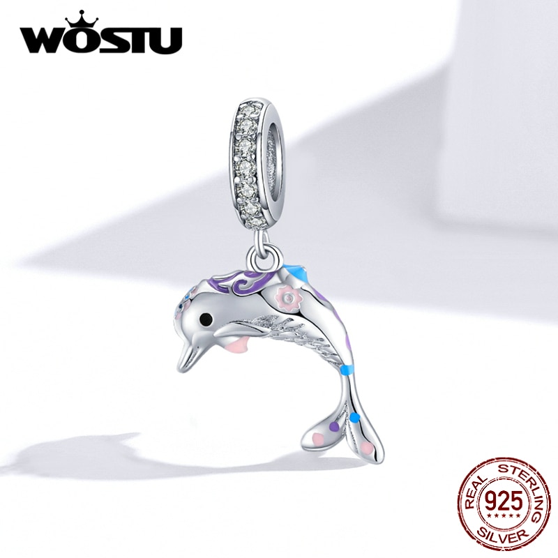 WOSTU Echt 925 Sterling Silber SchöNe Delfin Reize Zirkon Korn passen Original Armbinde Anhänger Für Frauen Schmuck CTC159