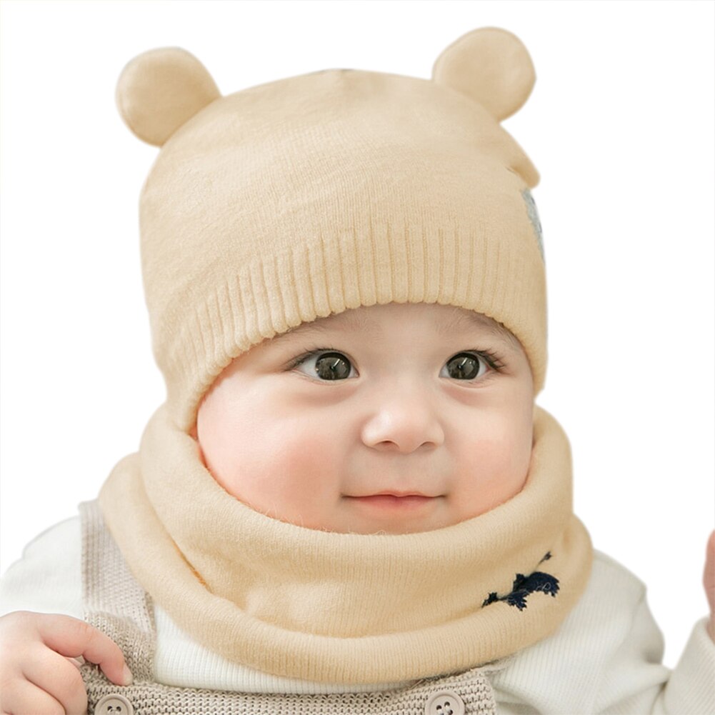 Baby Winter Caps Scarf Suits Warm Knitted Beanie Cap Cute Cartoon Bear Beanie KS: Beige