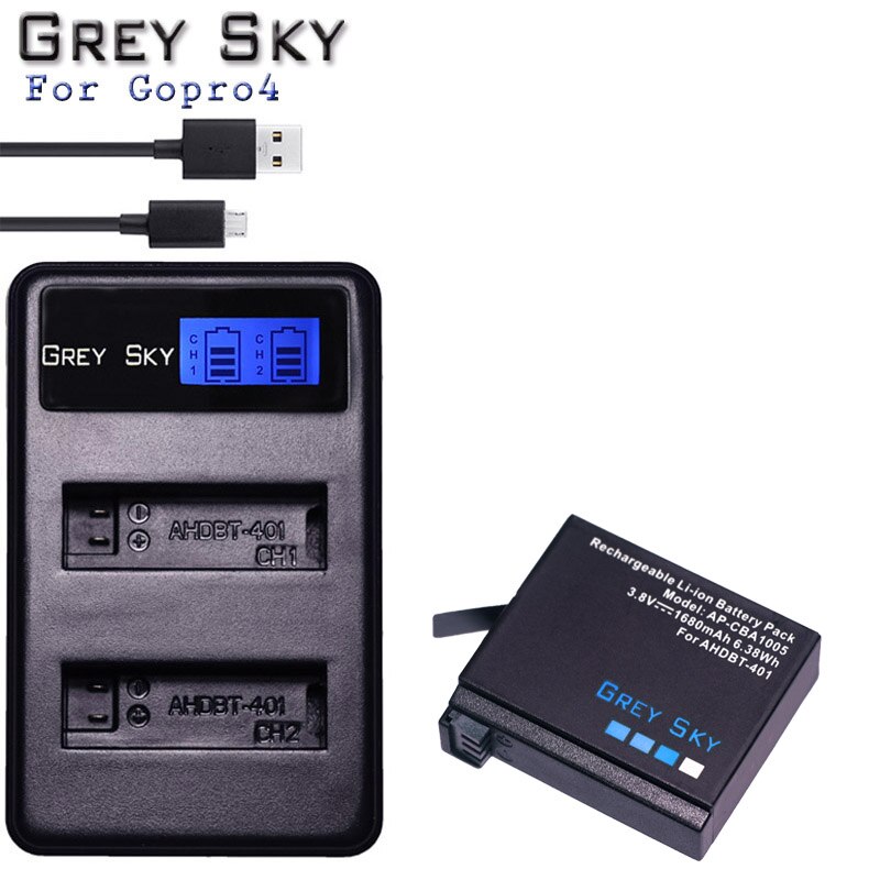 Para GoPro Hero4 Hero 4 batería + LCD cargador dual para go pro AHDBT-401 HERO4 negro plata accesorios de Cámara de Acción: Charger and 1battery