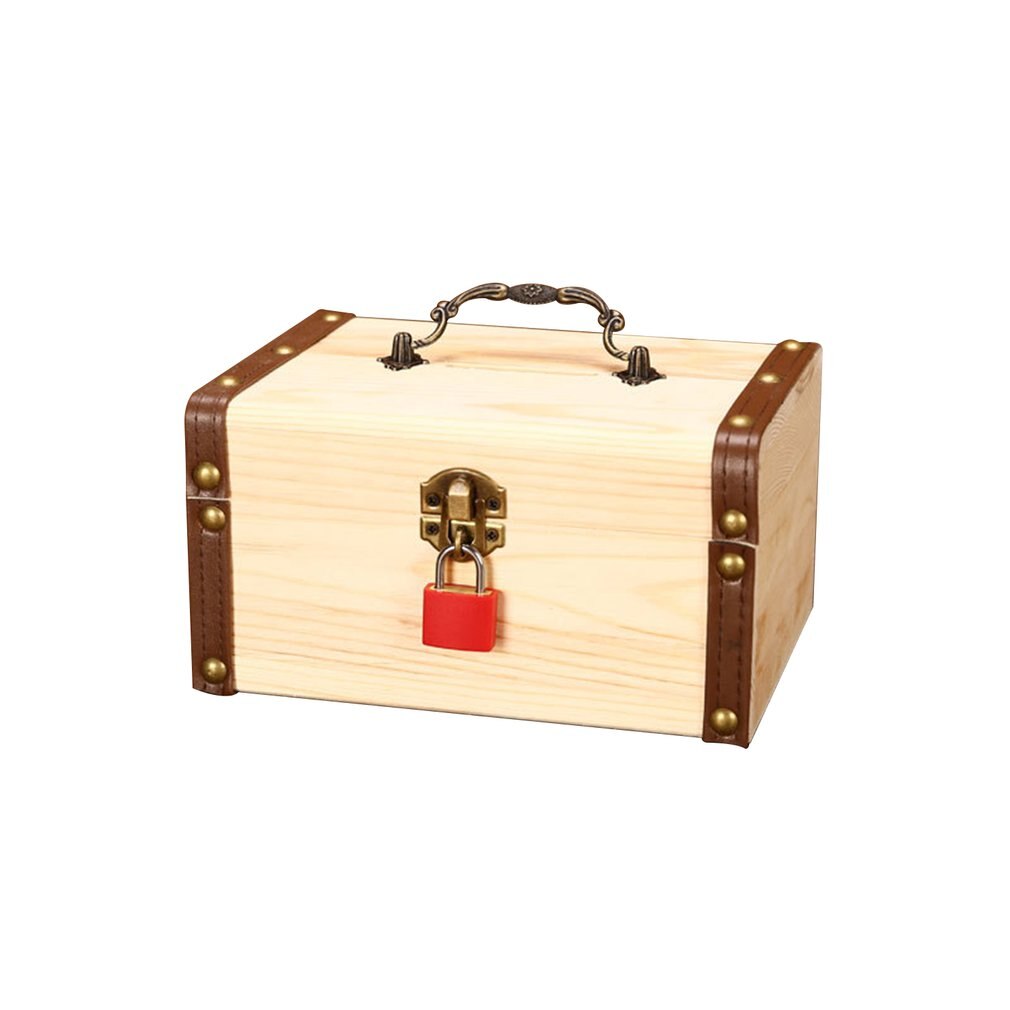 Household Small Safe Deposit Box Child Little Girl Wooden Piggy Bank Retro Desktop Storage Box: L pine key lock