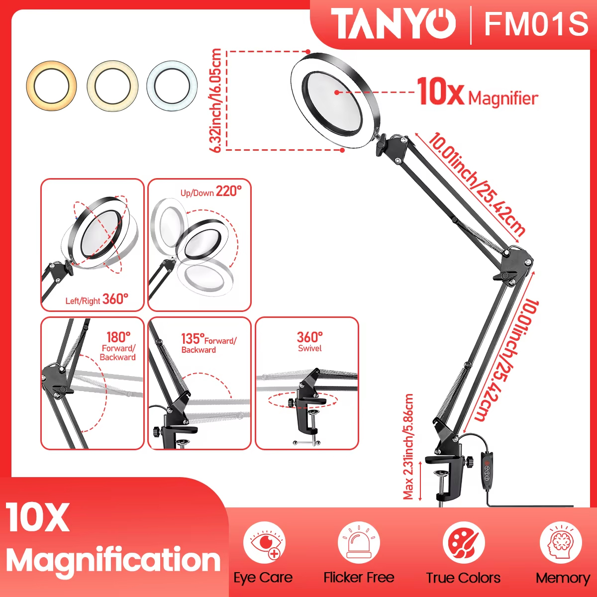 10x LED-vergrootglas bureaulamp met licht en klem, 3 kleurmodi verstelbare draaiarm - vergrootlamp voor lezen van dichtbij werken