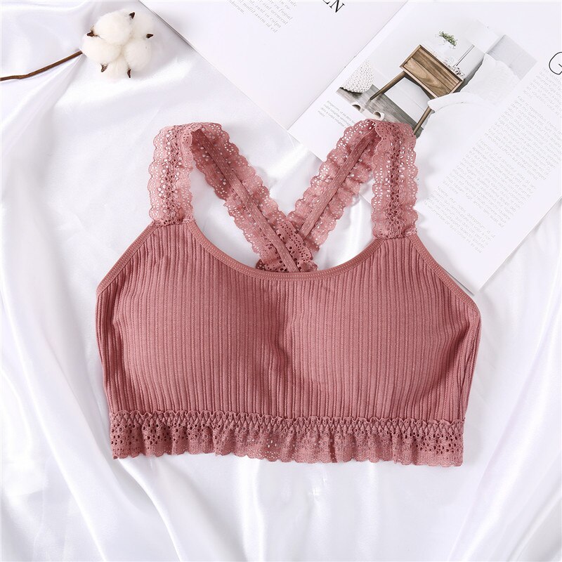 Sexy Lace Bra Cotton Wireless Bralette Women Cross Push Up Bra Female Underwear Wire Free Top Padded Lingerie Ladies Bralette: Pink