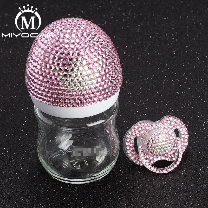 Miyocar smukt sæt håndlavet sikkert glasfodringsflaske 120ml og bling pink krone sut til baby shower