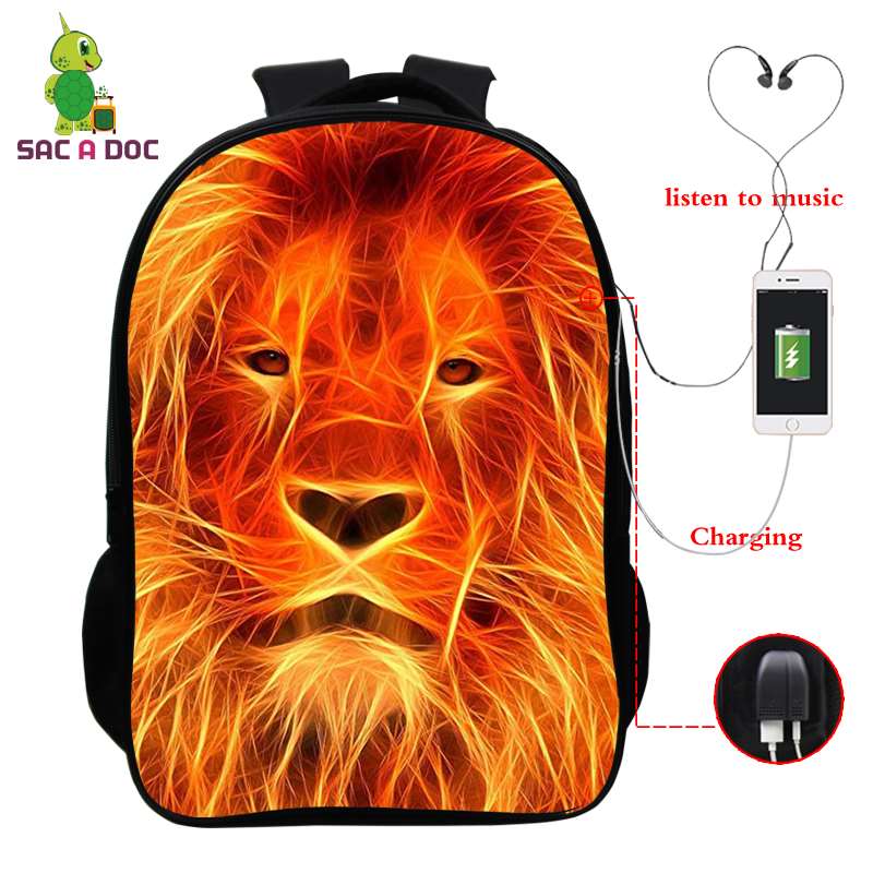 Usb-lade-rucksack, laptop-rucksack für damen und herren, schulrucksack, #39 3d zoll-rucksack mit löwenmuster, 16- zoll-reiserucksack, freizeitrucksack: Grau