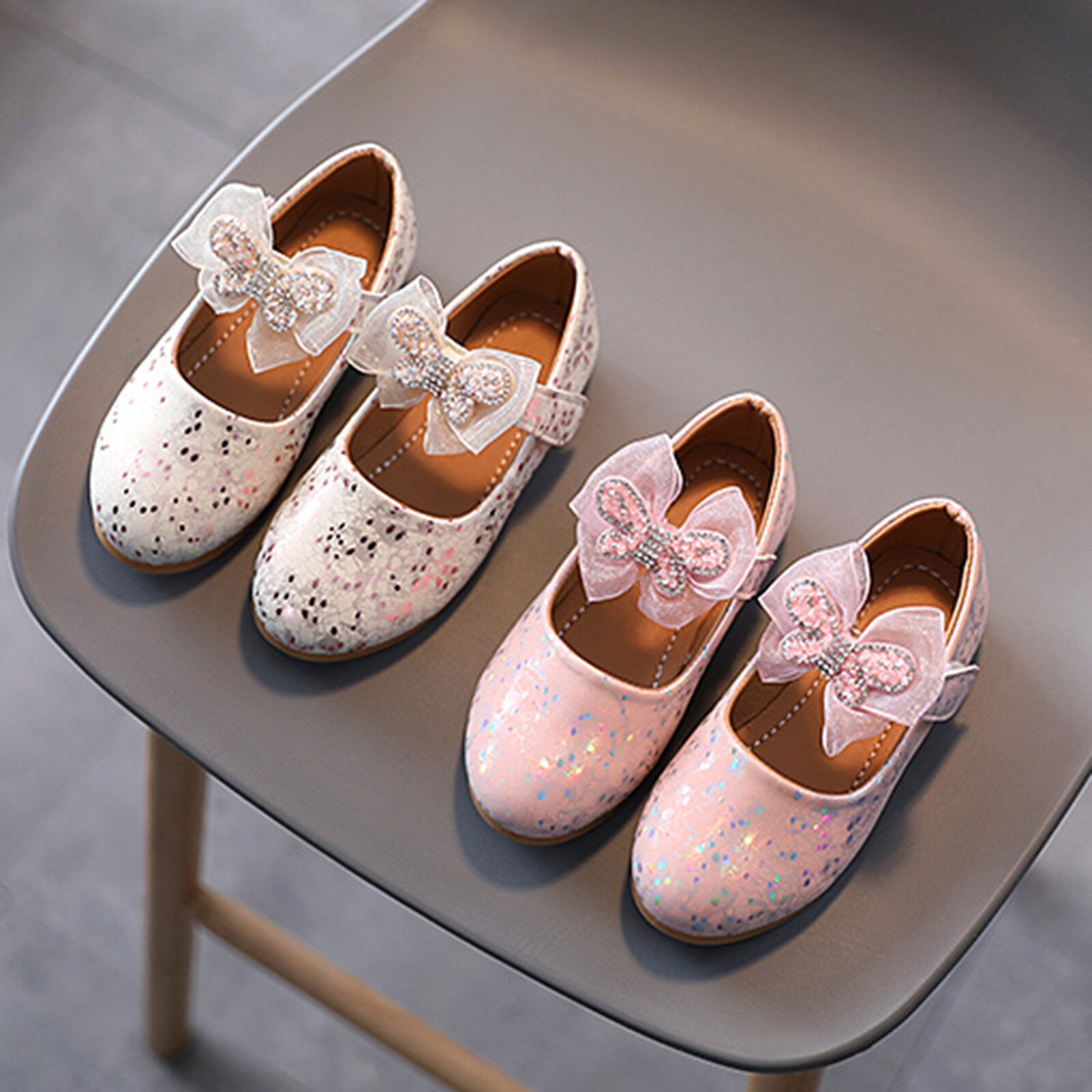 Crystal Flat Heel Girls Single Shoes Butterfly Shoe Children Girls Crystal Butterfly-knot Princess Shoes Single Shoes#g30