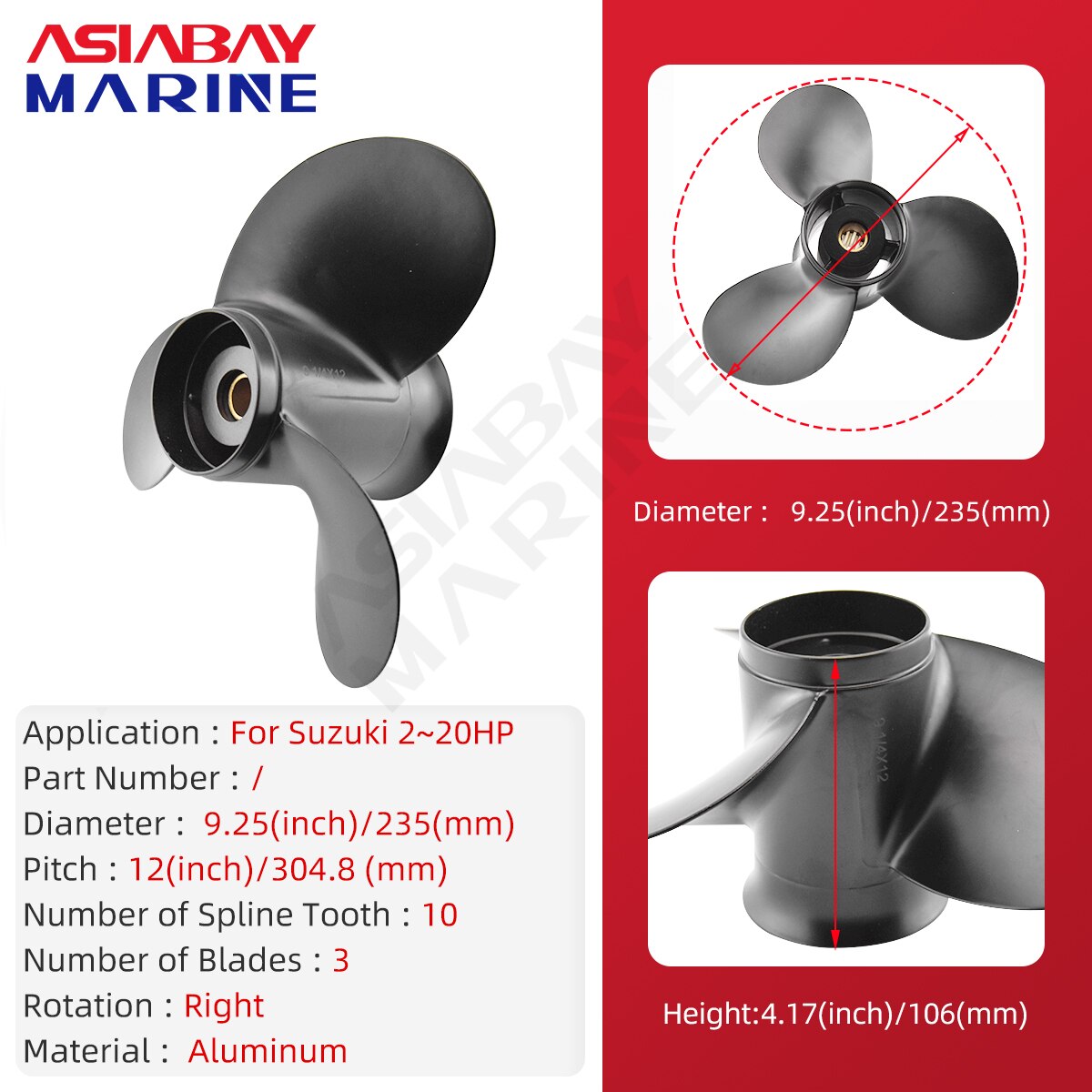 Voor Suzuki 8hp 10hp 15hp 20hp 9 1/4*12 Buitenboordmotor Propeller Motor Aluminium Schroef 3 Blade10 Spline Marine motor Onderdelen