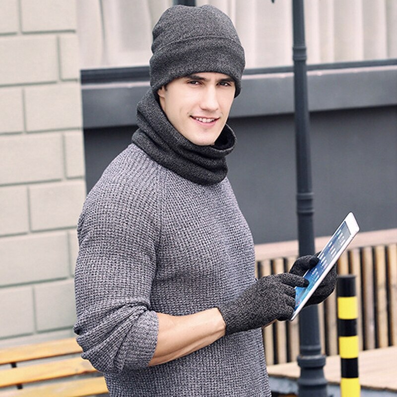 Gorro de invierno cálido + bufanda + guantes táctiles sn, gorro de punto cálido de invierno térmico unisex, guante de cuello para hombres y mujeres gra
