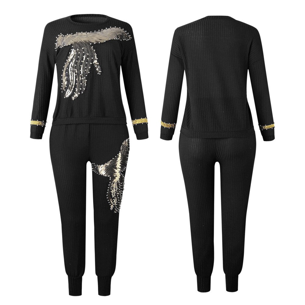 Winter Spring Long Sleeve Sportswear Office Phoenix Sequined Sweatshirt Pant 2pcs Women's Set Outfits Suit AM306