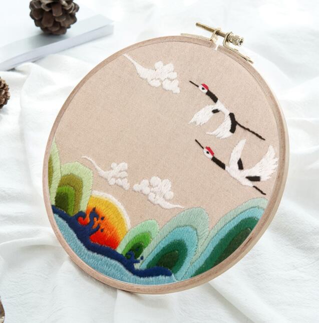 Kit de démarreur de broderie en bambou, avec motif de fleurs, de grue végétale, cerceau de broderie, fils de couleur, point de croix, bricolage: 3