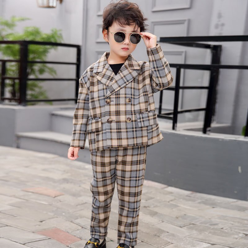 3-11y blazer per pantaloni per bambini 2 pezzi set autunno primavera ragazzi giacche per abiti Casual Plaid doppio petto abiti da sposa per bambini H78