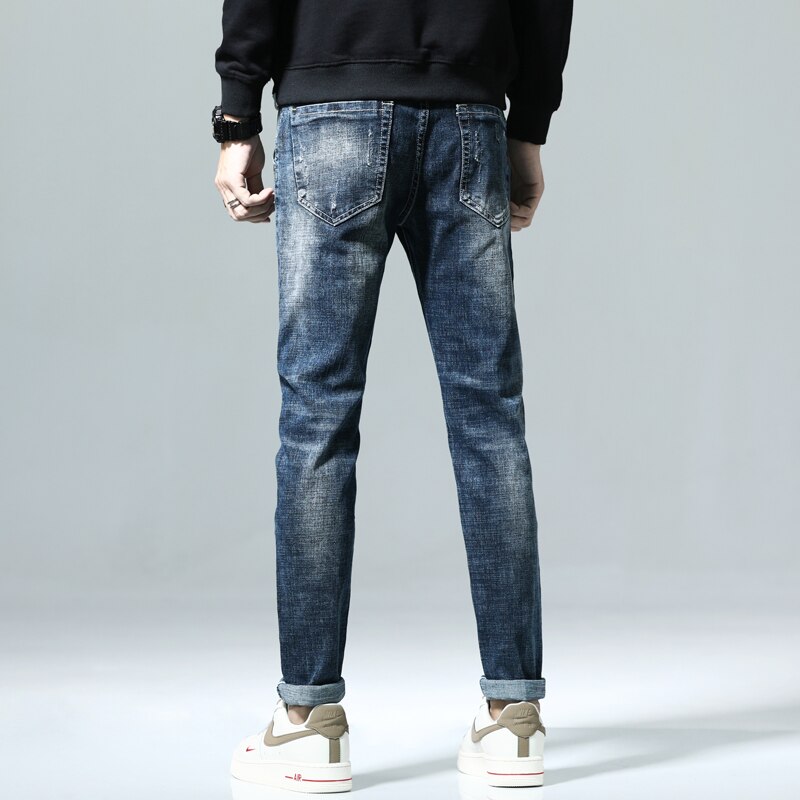 Pantalones vaqueros de motorista para hombre, Jeans elásticos de color azul oscuro, ajustados, rasgados, ropa de calle desgastada, pantalones de mezclilla informales Retro, pantalones de hip hop para hombre