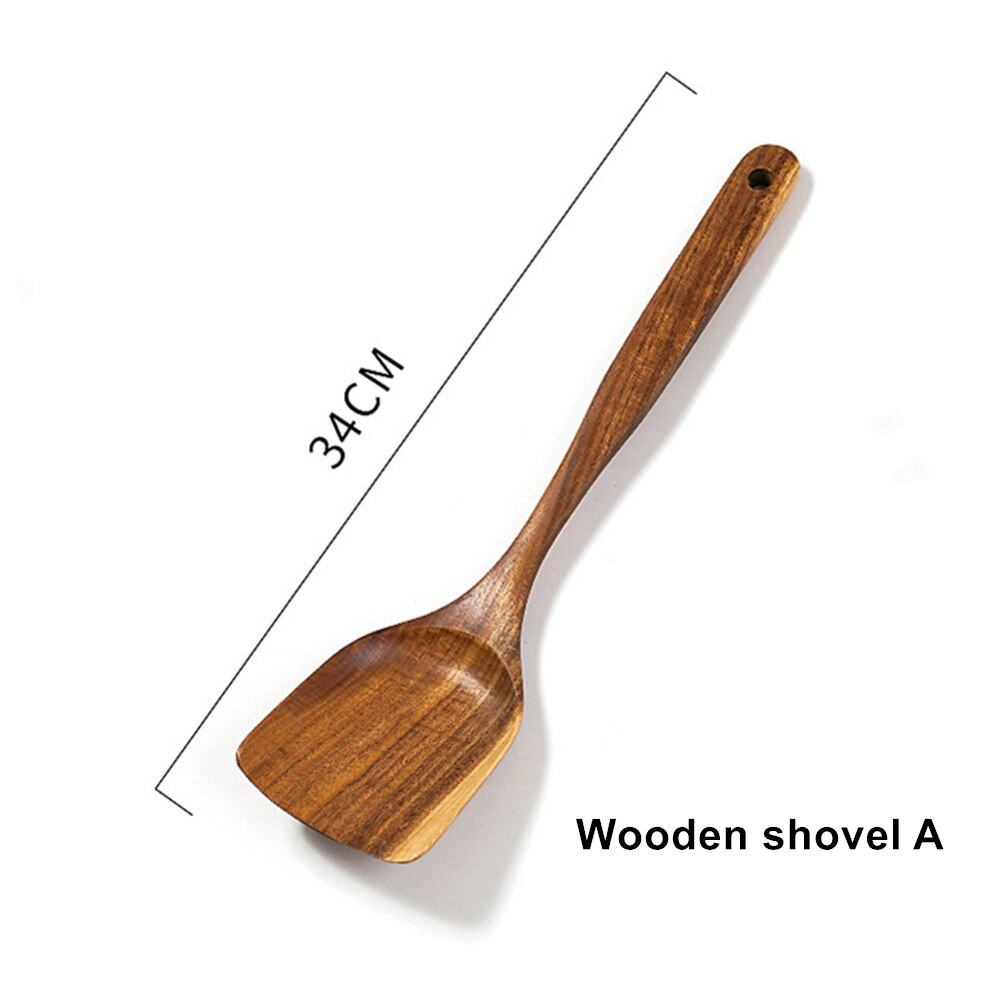 Natural Teak Wood Cooking Spatula Kitchen Utensil Set Tableware Spoon Colander Soup Skimmer Spoon Scoop Kitchen Cooking Tool Set: 1PCS Shovel A