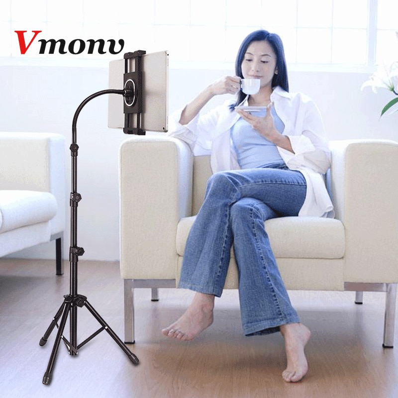 Vmonv Newest Tripod Floor Adjustable Soft Hose Tablet Stand for Ipad Air Pro 5-11.5 Inch Tablet Phone Holder for iPhone Samsung