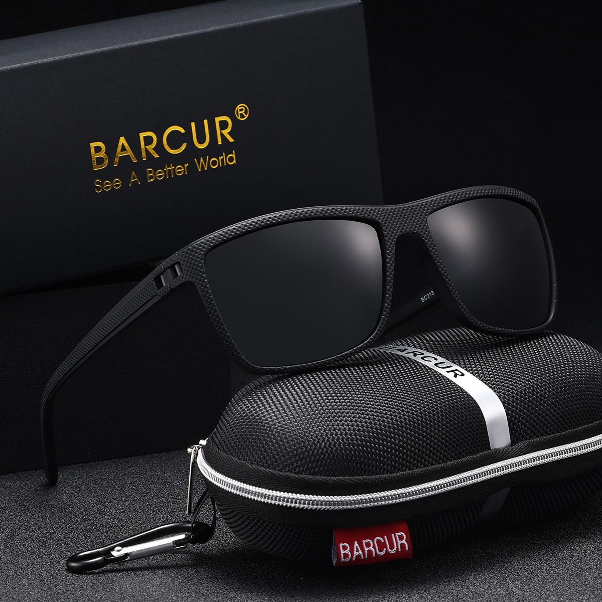 BARCUR Brand Classic Men Sunglasses Comfort Durable PC Rectangular Frame TAC Lens Versatile Age Polarized Sunglasses: black