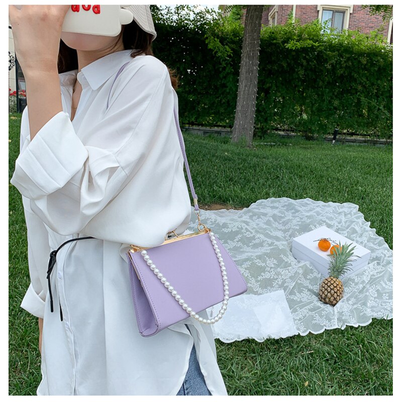 Trend Women PU Leather Bags Shoulder Pack Portable Pearls Handle Envelope Square Decorative Ladies Party Purse