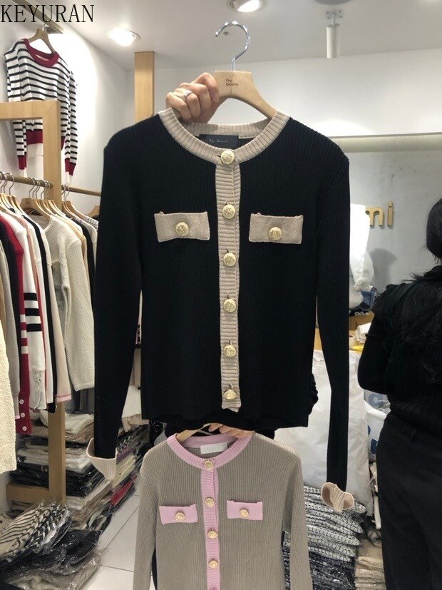 Korean Chic Women Cardigan Sweater Spring Long Sleeve Short Coat Casual Single Breasted Slim Knitted Crop Top Ladies