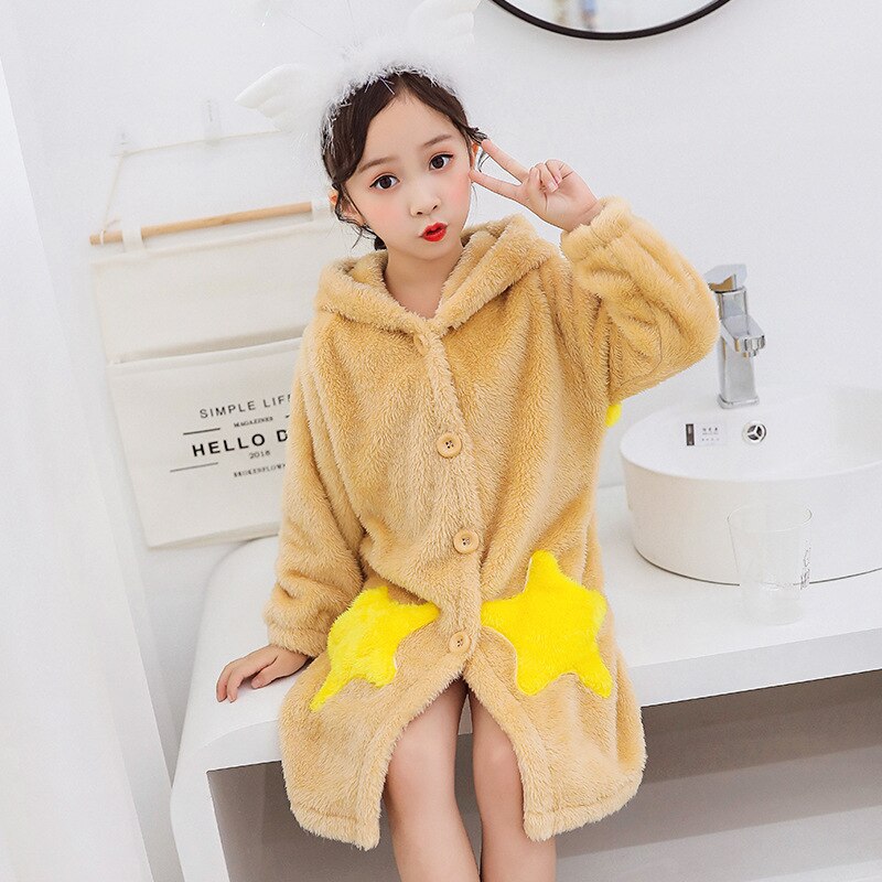 LZH Autumn Winter Thick Flannel Children's Pajamas Warm Hooded Nightdress For Girls Home Wear Nightgown For Kids 4-12 Years: yellow / 9