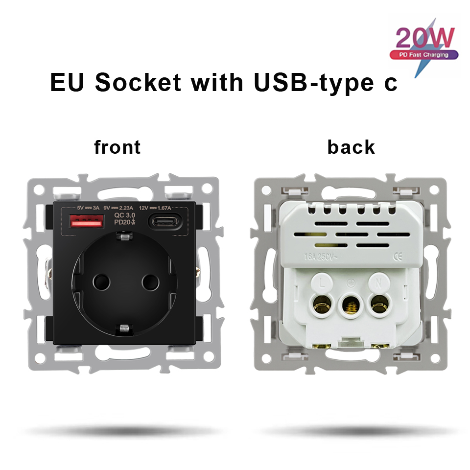 NYWP wall-mounted module diy European standard black tempered crystal glass panel socket LED light switch button function combi: Clear