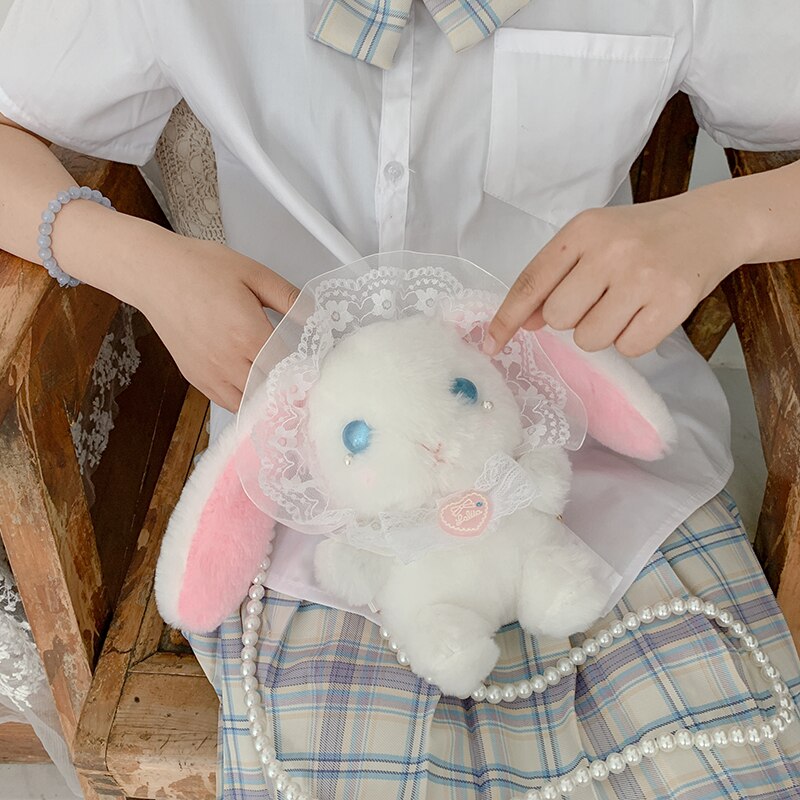 Bolso de conejo japonés Lolita para chica joven, bandolera suave con cadena de perlas, billetera