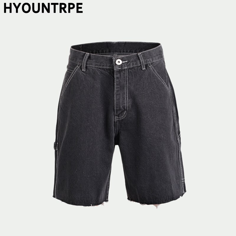 Mannen Retro Losse Korte Jeans Mode Straight Denim Gewassen Half Broek Mannelijke Toevallige Zomer Ripped Hip Hop Street Wear broek: Black / 36
