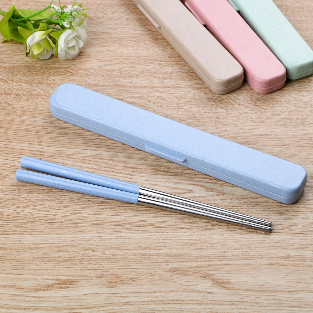 HOOMIN 1 Pair Food Sticks Chinese Chopsticks Wheat Straw 304 Stainless Steel Portable Travel Chopsticks with Storage Box: Blue