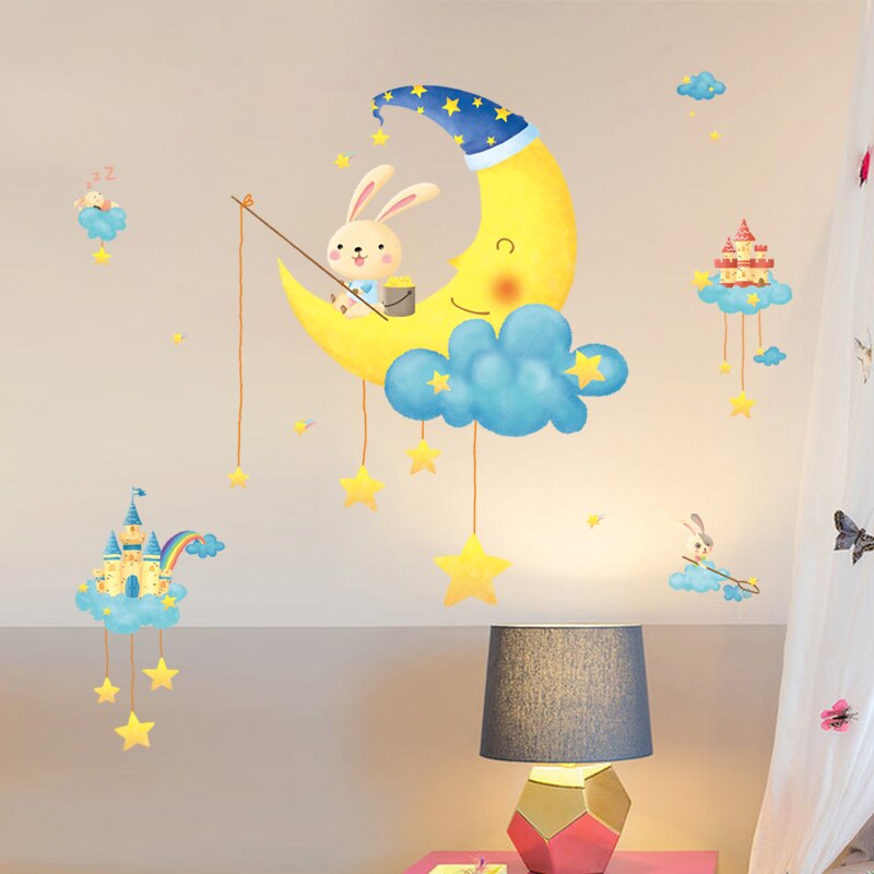 Muurstickers met een cartoon maan en konijn voor kinderkamers, babykamer, kinderkamerdecoratie, zelfklevende vinyl muurstickers, huisdecoratie