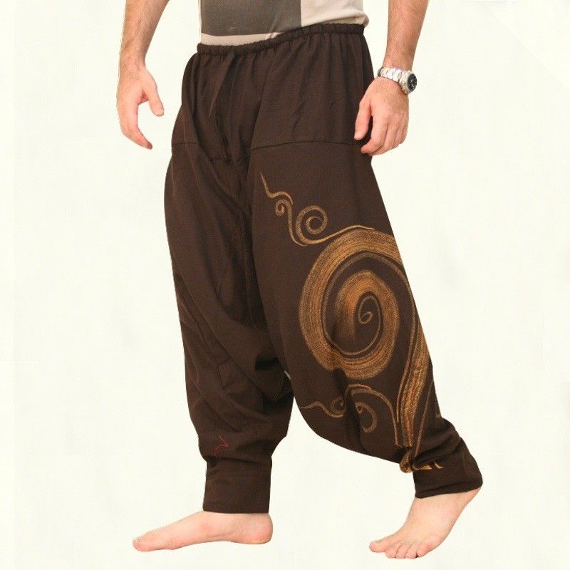 Cool Hip Hop Japanese Retro Baggy Cotton Linen Harem Pant Men Wide Leg Boho Pants Wide Leg Harem Trousers Cross-pants: Brown / L