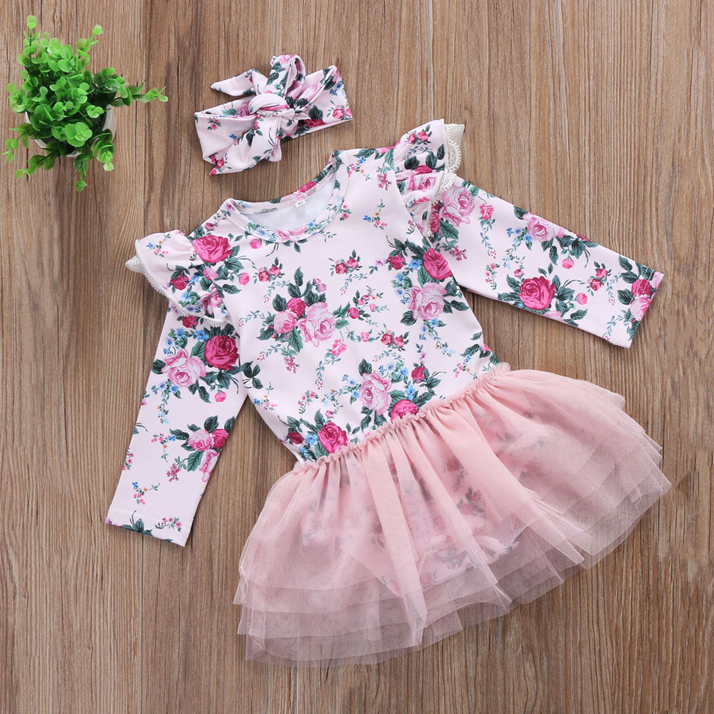 Spring Arrival Baby Girls Long Sleeves Tulle Decorated Flowers Pattern Bodysuit