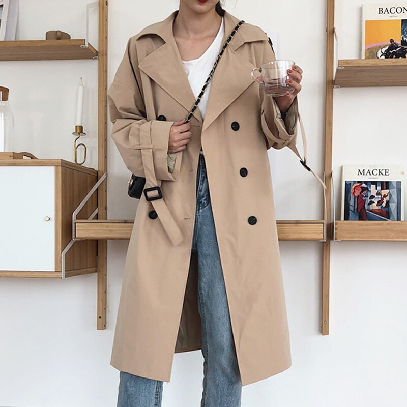 Aachoae Office Solid Trench Coat Women Batwing Long Sleeve Loose Lady Long Coat With Belt Casual Wide Waisted Trench: Khaki