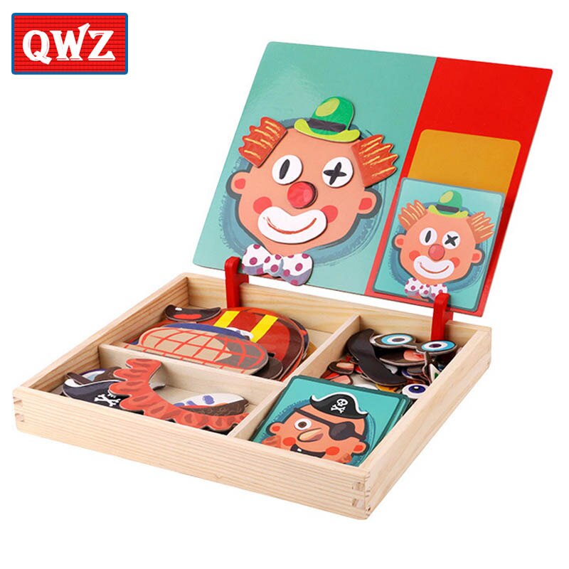 Multifunctional Wooden Magnetic Puzzle Toys Children 3D Puzzle Figure/Animals/ Vehicle /Circus Drawing Board Learning Wood Toys: QWZ070-figure-N