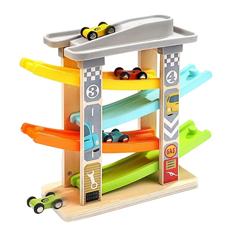 1 Set 4 Mini Car Wooden Track Ramp Racing Game & 20Pcs Children Play House Storage House Travel Bus Storage Box Toy