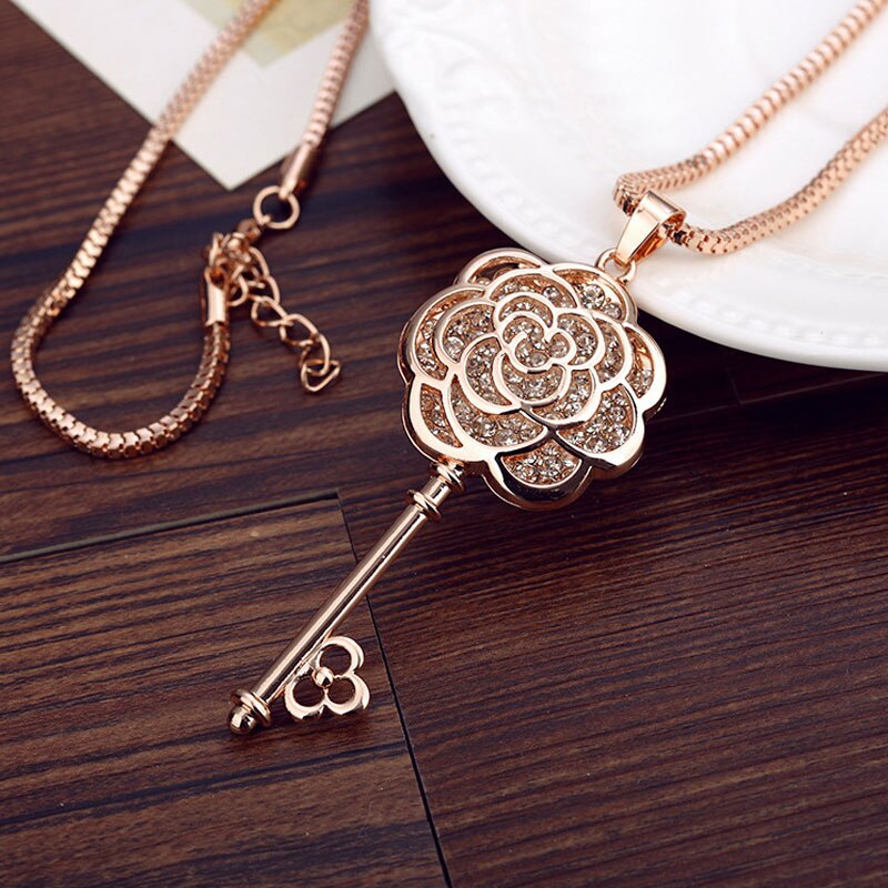 Rose Bloem Sleutel Hanger Lange Ketting Vrouwen Koreaanse Luxe Sieraden Collier Femalel Collana Colar Ketting