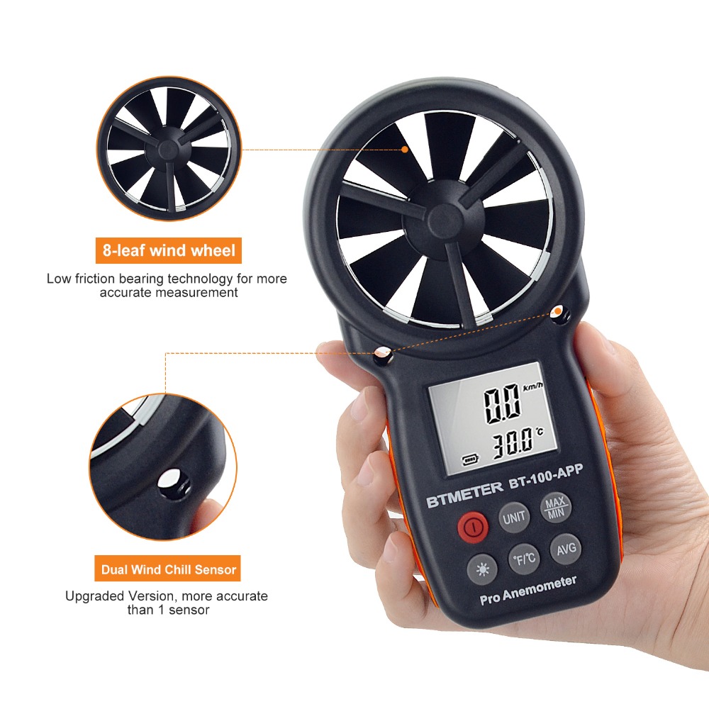 Digitale Anemometer Tester Met Mobiele App Windsnelheid Meting Meter Meet Temperatuur Tester Gereedschap Btmeter BT-100-APP