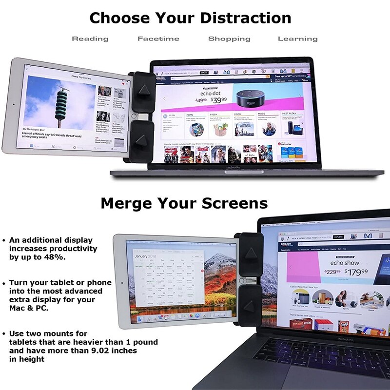 -Side Mount Clip for Dual Monitor, Dual Display iPad Monitor Mount and Tablet Stand Mount for Your Laptop (2 Pack)