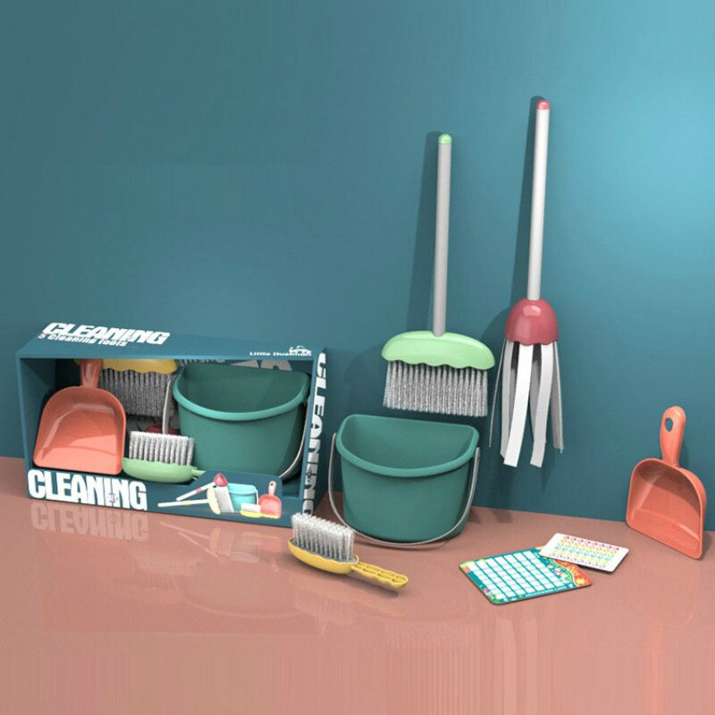 Børn husholdning legetøj rengøringsværktøjssæt simulering mini kost skraldespand sæt foregive lege uddannelse husarbejde drenge piger: Farveæske --7 stk