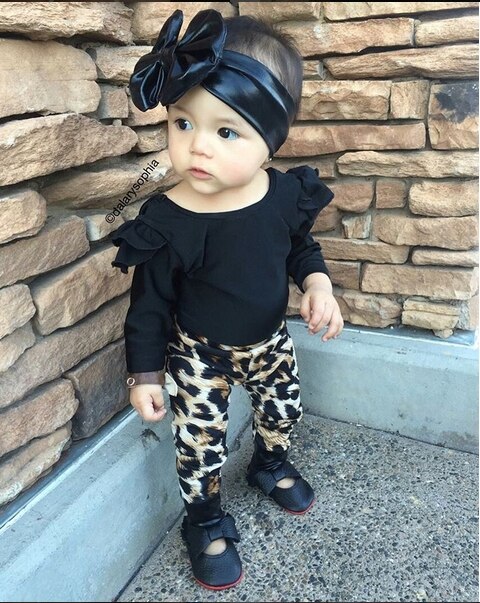 Cool baby piger tøj sæt bomuld langærmet sorte toppe + leopard bukser afslappet lille barn 2 stk nyfødte baby piger tøj