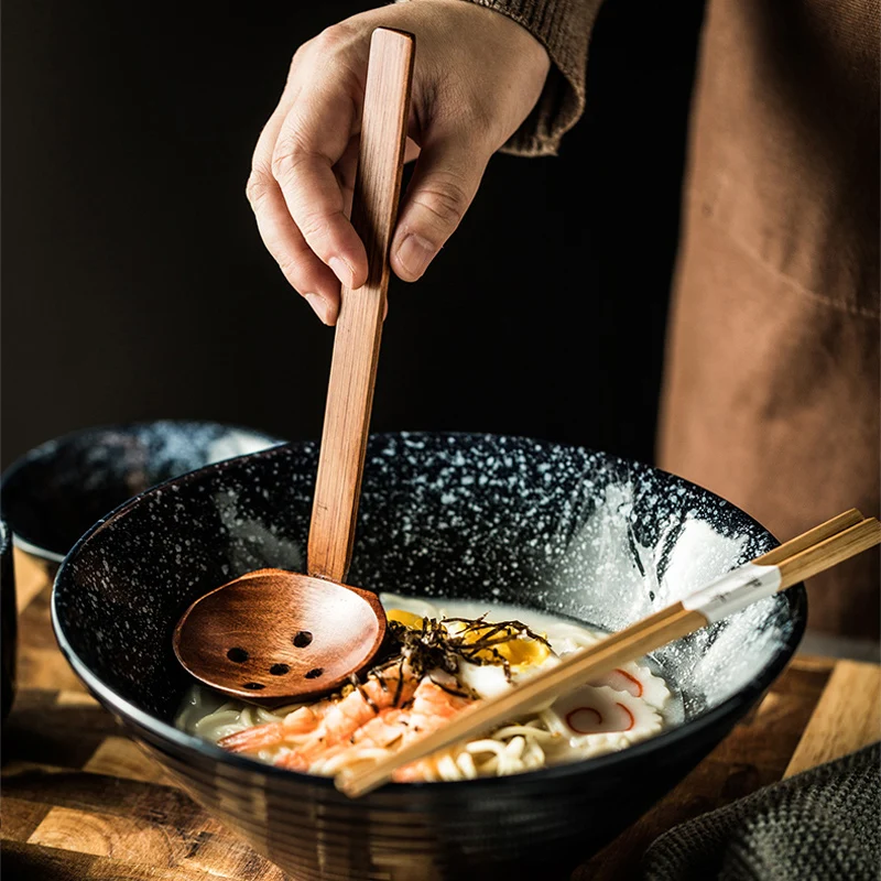2szt. Drewniana łyżka robić zupy Chochla z długim uchwytem Drewniana łyżka kuchenna Duże sitko Łyżka robić zupy Ramen Chochla Japońska zastawa stołowa