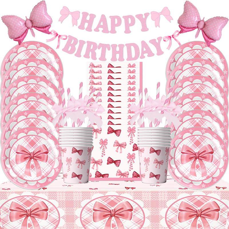Lyserød sløjfe fødselsdag engangsservice sløjfe paptallerken kop serviet sugerør lyserød sløjfe brudeforlovelse bryllup polterabend dekoration