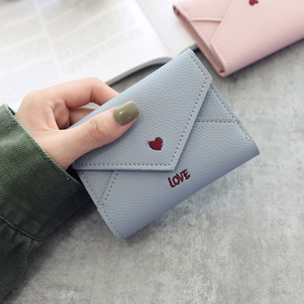 Heart Pattern Portable Mini PU Leather Multifunctional Small Embroidery Coin Pocket Three Fold Card Slots Women Wallet: Gray Blue