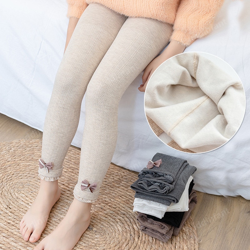 Mallas cálidas para niñas y adolescentes, pantalones ajustados con forro polar de algodón, de otoño e invierno, con lazo de punto, 2-12T