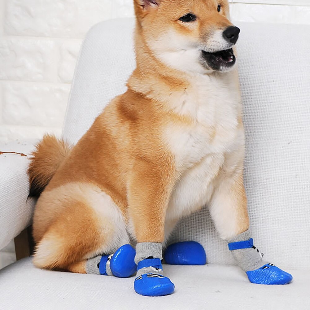 Hundesko bomuldsgummi hund regn sne støvler sokker 4 stk / sæt udendørs indendørs skridsikker silikone sål kæledyr hund hvalp kat støvler sokker